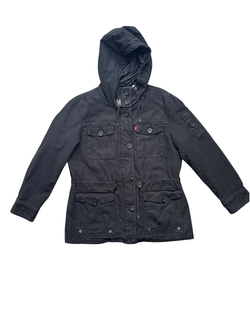 Levi’s Black Hooded Utility Field Jacket Women’s L Military Cargo - Picture 2 of 12